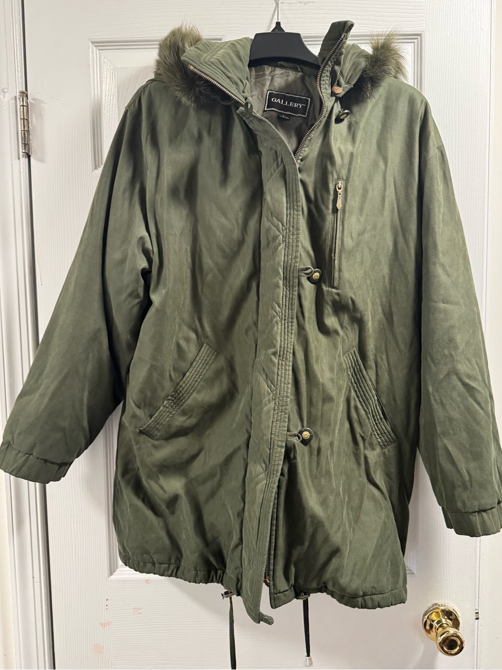 Gallery Olive Green Parka Coat with Faux Fur Trim Hood, Size L